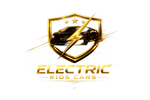 A gold shield with a black sports car, three gold stars, and a lightning bolt. Below, gold text reads ELECTRIC KIDS CARS with a small gold line underneath.